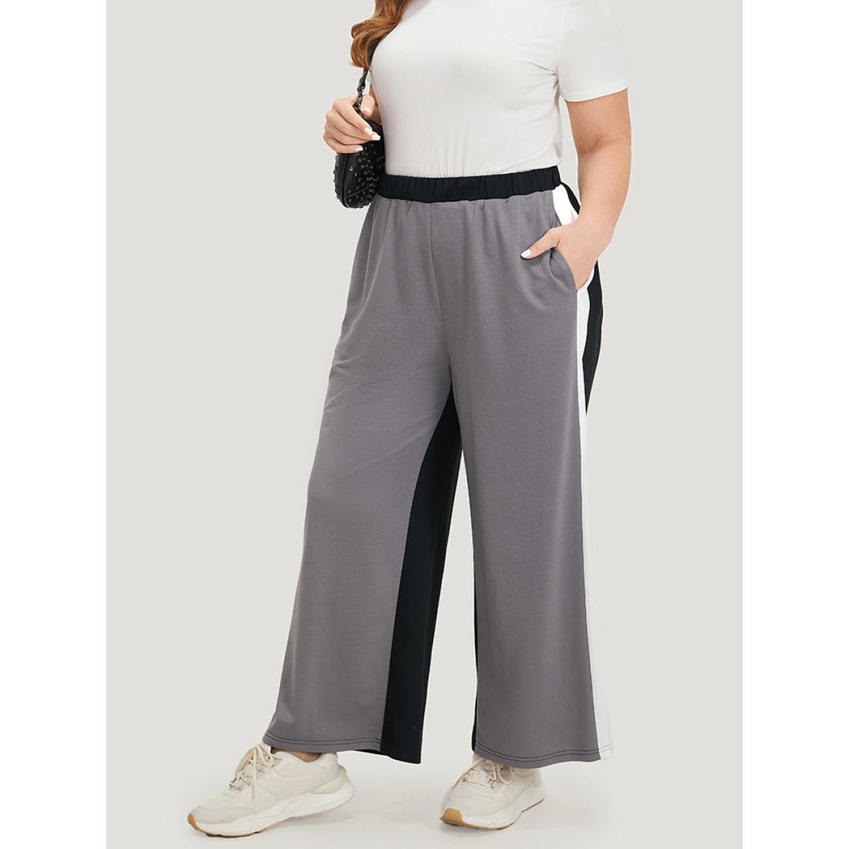 Contrast Patchwork Pocket High Rise Sweatpants Black Plus Size Women Casual Dailywear Contrast 18-20/2X Bloomchic Product Image