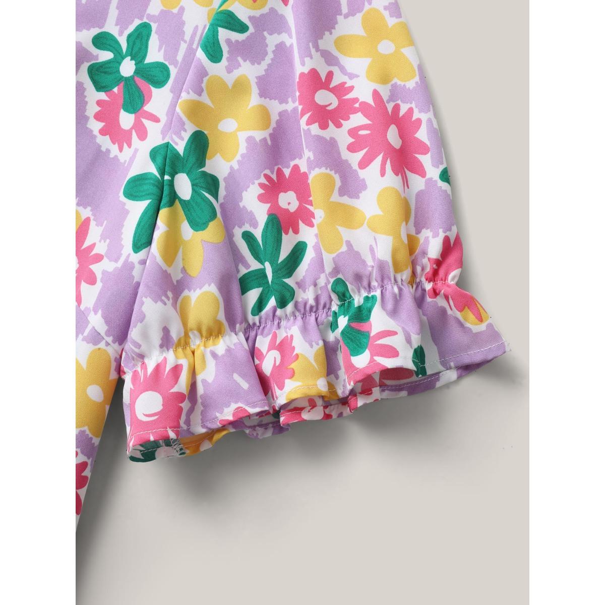 Plus Size Lilac Rainbow Floral Print Pleated Blouse Women Short sleeve Square Neck Casual Blouses BloomChic 28/5X Product Image