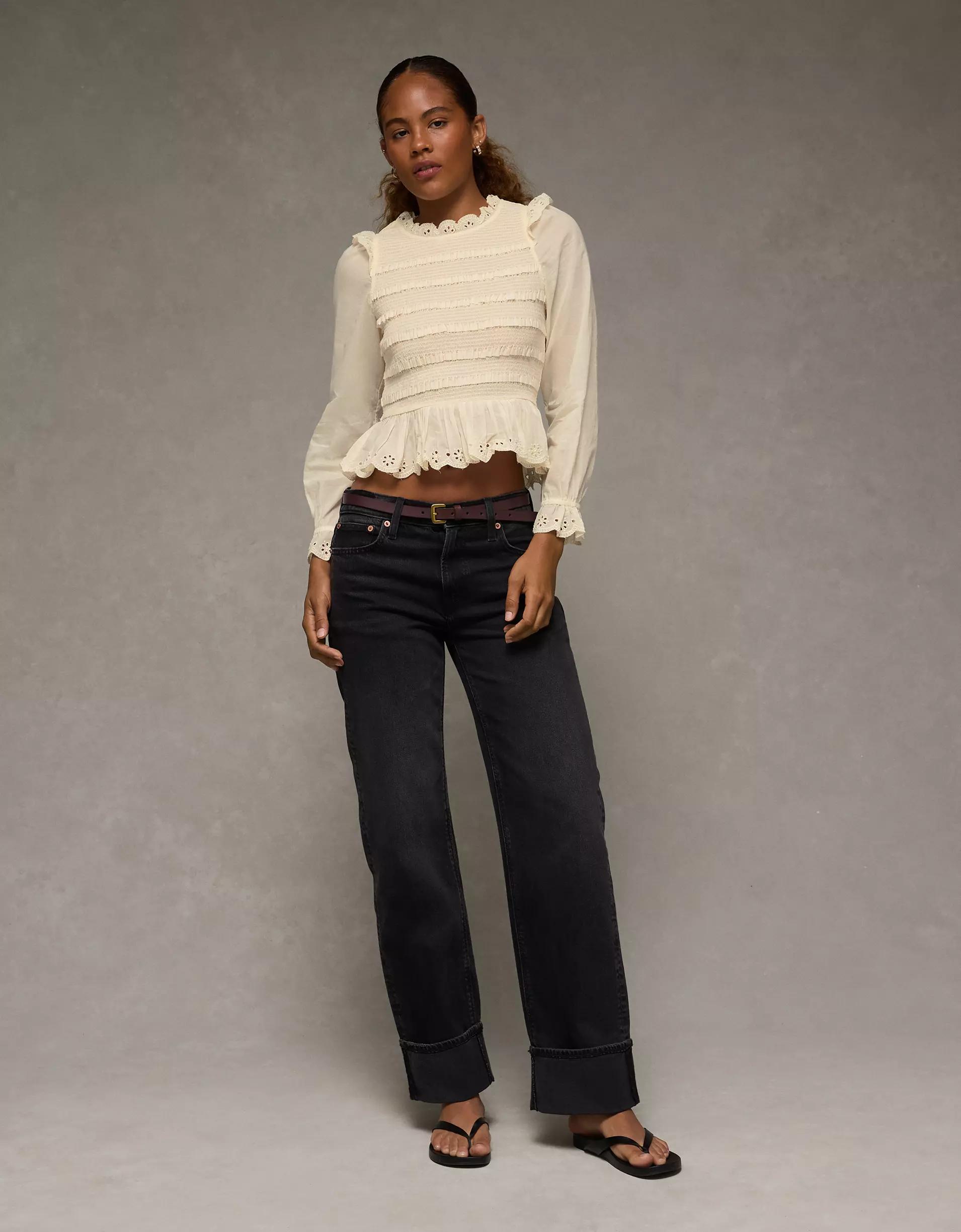 AE Long Sleeve Smocked Babydoll Blouse Product Image