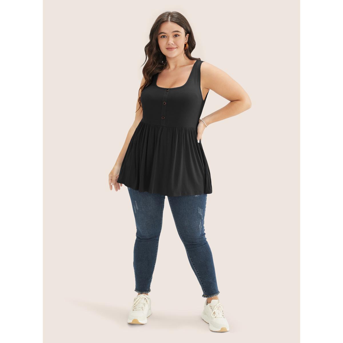 Plus Size Solid Square Neck Button Detail Ruffle Hem Tank Top Women Black Casual Button Square Neck Everyday Tank Tops Camis BloomChic 28/5X Product Image