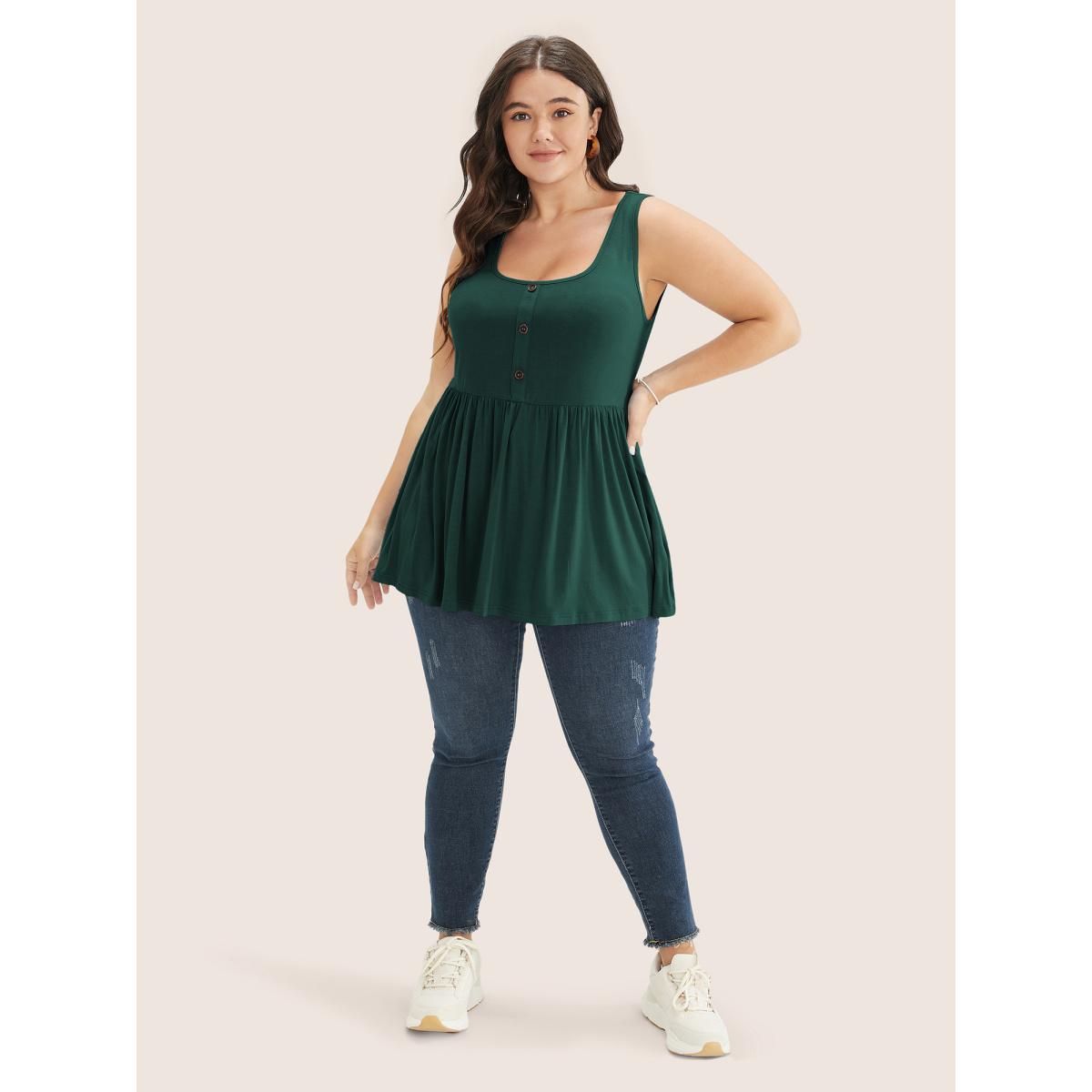 Plus Size Solid Square Neck Button Detail Ruffle Hem Tank Top Women DarkGreen Casual Button Square Neck Everyday Tank Tops Camis BloomChic 14-16/1X Product Image