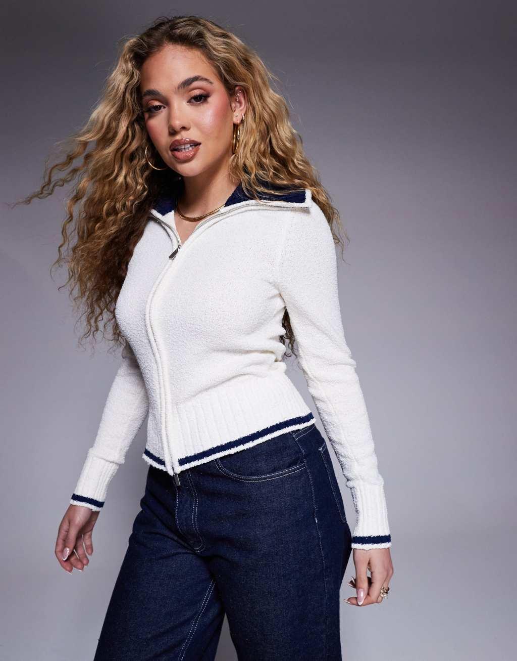 ASOS DESIGN neat fit zip through cardigan in cream Product Image