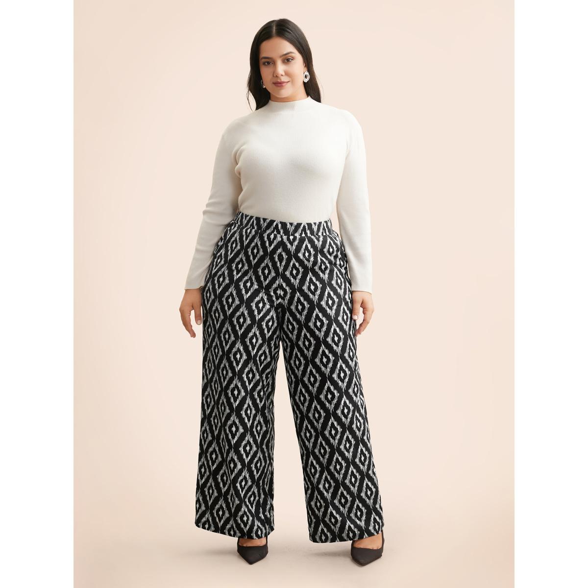Plus Size Geometric Mid Rise Pocket Pants Women Black At the Office Wide Leg Mid Rise Office Pants BloomChic 30/6X Product Image
