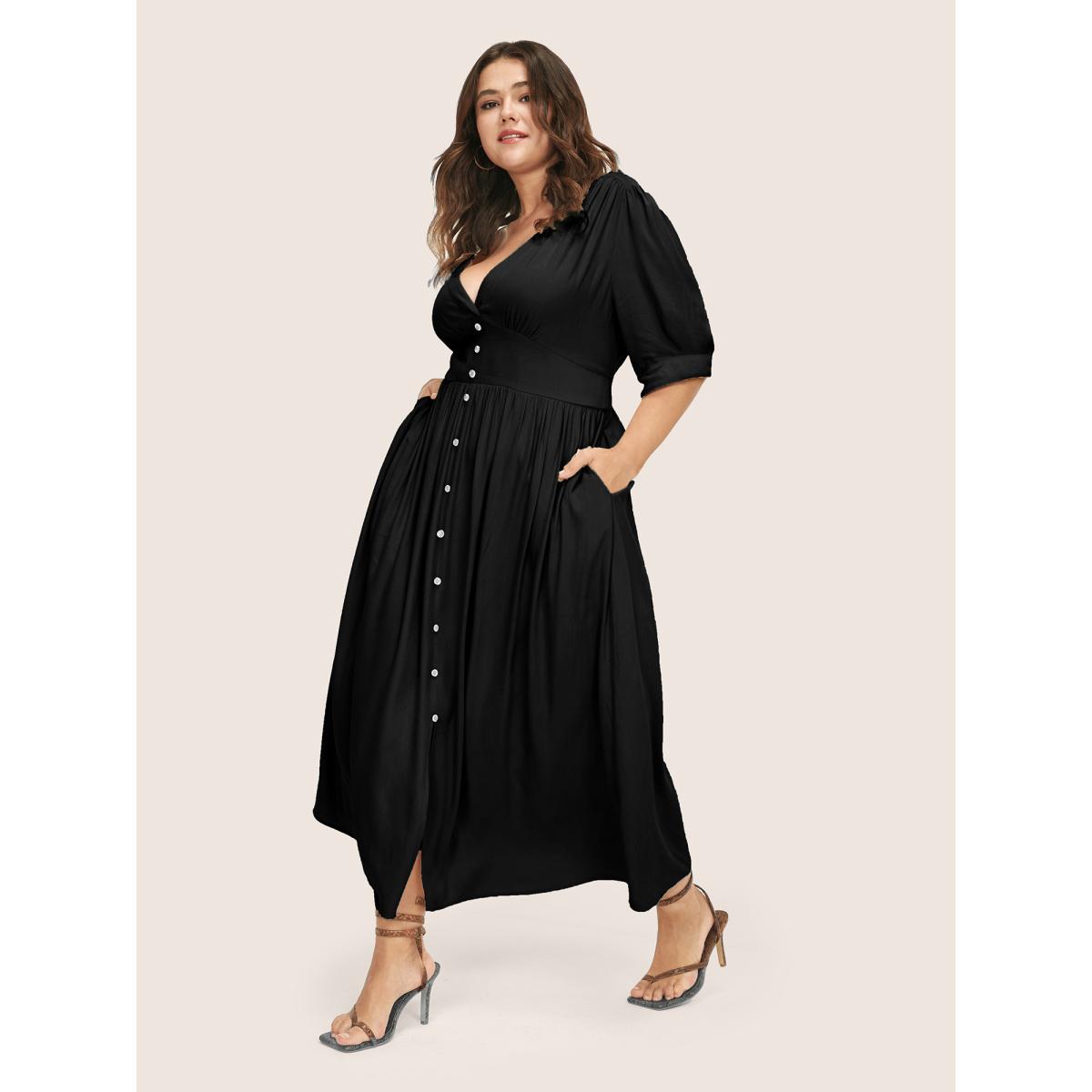 Plus Size Plunging Neck Button Detail Pocket Maxi Dress Black Women Resort Gathered V-neck Short sleeve Curvy Long Dress BloomChic 22-24/3X Product Image