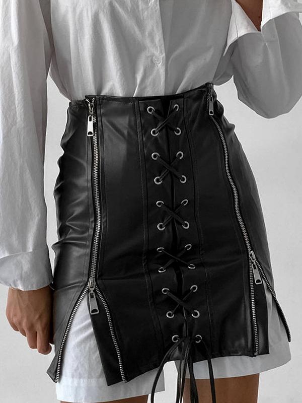 Double Zip Eyelet Tie Up Leather Mini Skirt Product Image