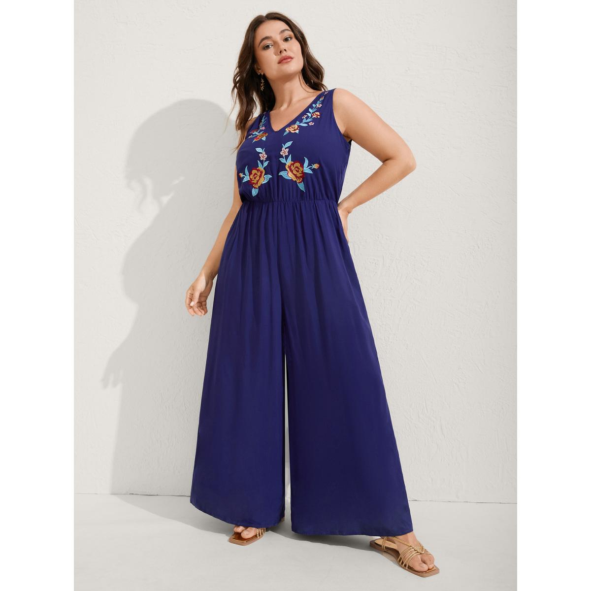 Plus Size Indigo Rayon Floral Embroidery Stretchy Waist Jumpsuit Women Boho Sleeveless V-neck Vacation Loose Jumpsuits BloomChic 28/5X Product Image