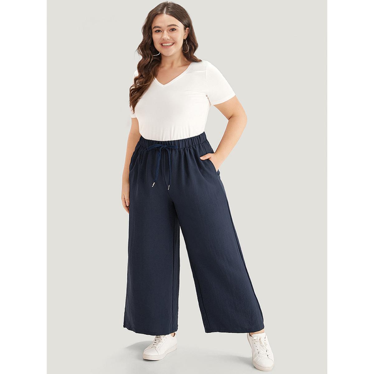 Plus Size Plain Drawstring Elastic Waist Gathered Pants Women Indigo Casual Straight Leg High Rise Dailywear Pants BloomChic 10/M Product Image