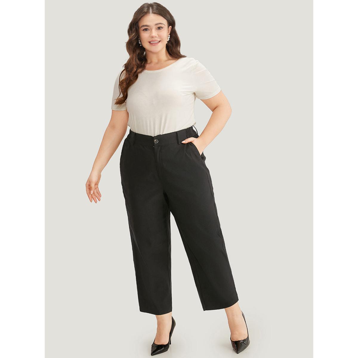 Plus Size Solid Button Up Straight Leg Pants Women Black Workwear Essentials Straight Leg High Rise Work Pants BloomChic 12/L Product Image