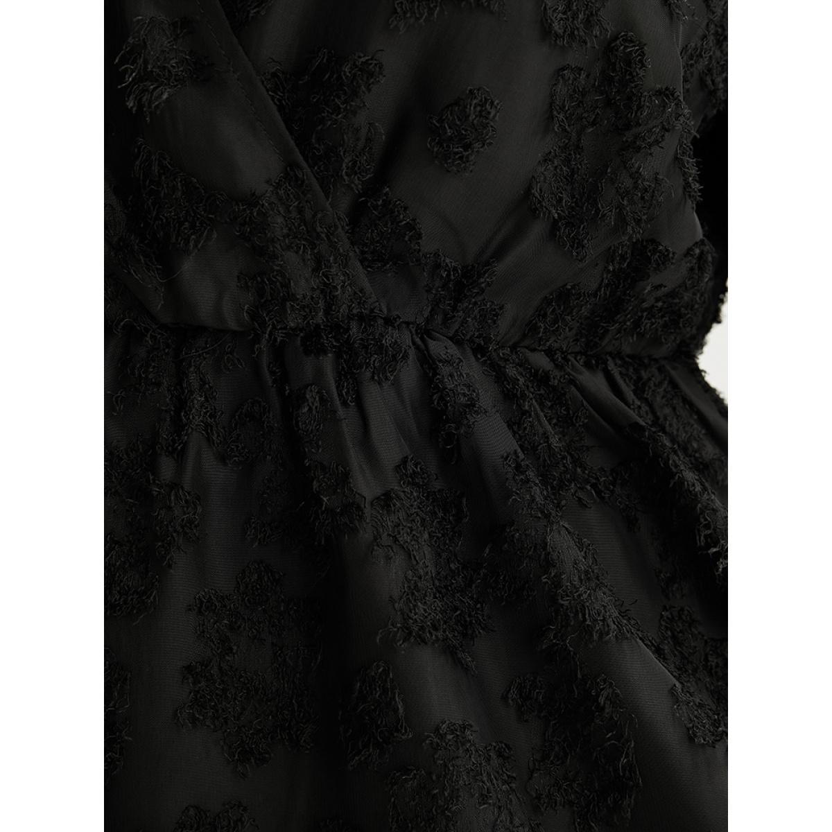 Plus Size Black Floral Mesh Lantern Sleeve Surplice Neck Fuzzy Blouse Women Glamour Long Sleeve V-neck Going out Blouses BloomChic 22-24/3X Product Image