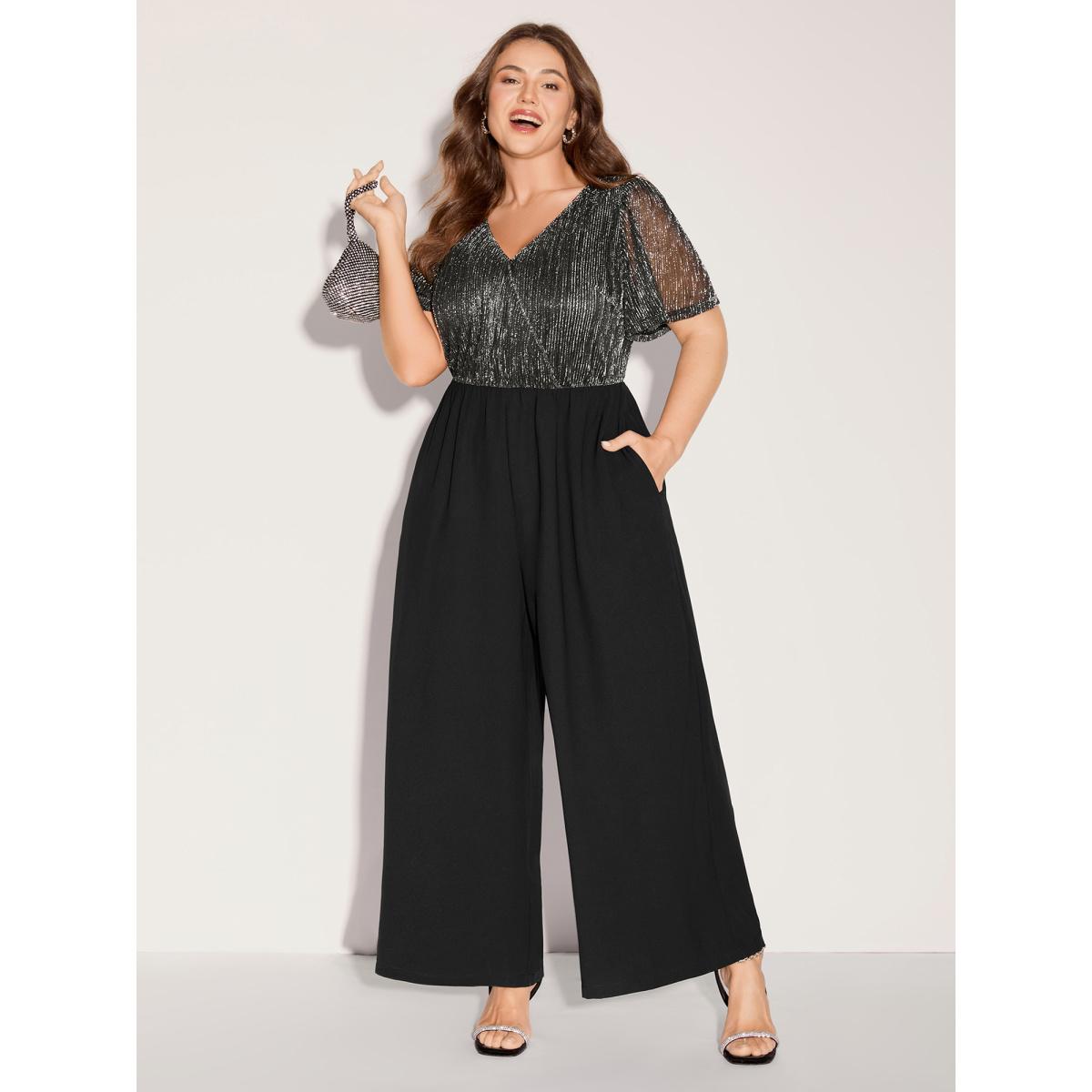 Plus Size Black Shimmery Bow Back Tie Contrast Jumpsuit Women Short sleeve Overlap Collar Party Loose Jumpsuits BloomChic 22-24/3X Product Image
