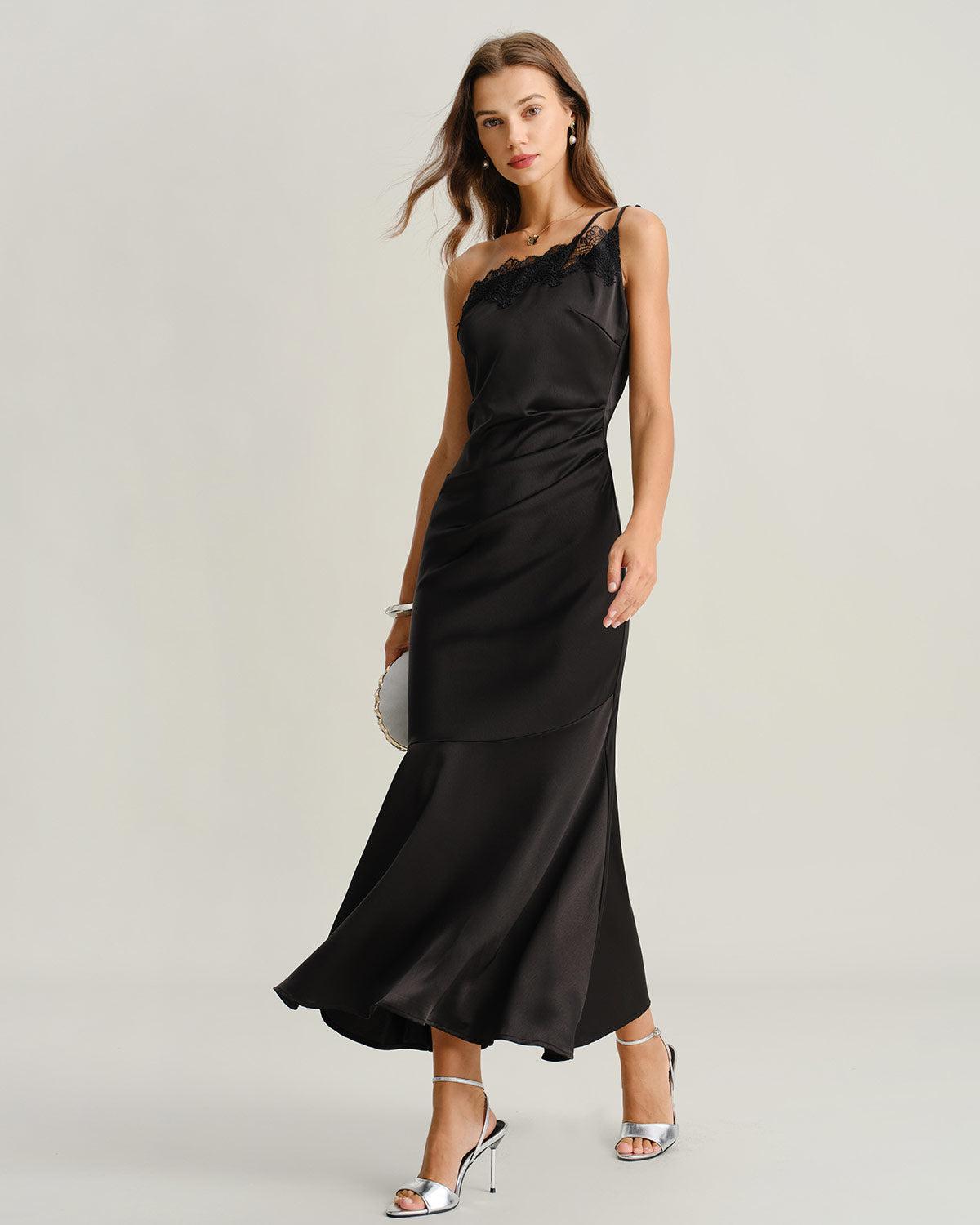 Black One Shoulder Mermaid Slip Midi Dress Product Image