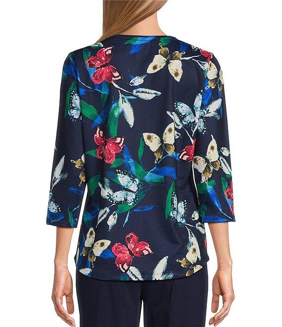Allison Daley Butterfly Print 3/4 Sleeve Crew Neck Knit Top Product Image