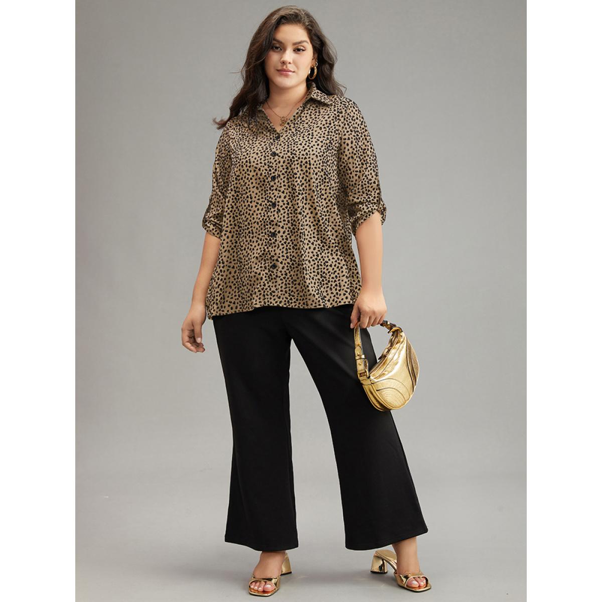 Plus Size Apricot Leopard Print Shirt Collar Button Through Blouse Women Office Elbow-length sleeve Shirt collar Office Blouses BloomChic 22-24/3X Product Image