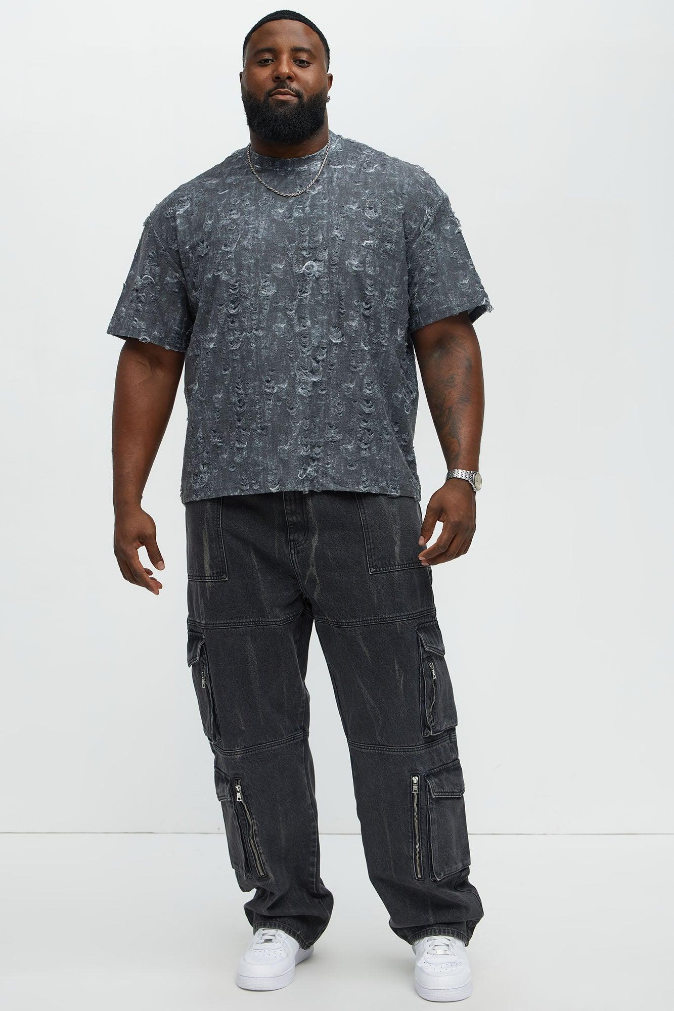 Distressed Relaxed Short Sleeve Tee Shirt - Charcoal Male Product Image