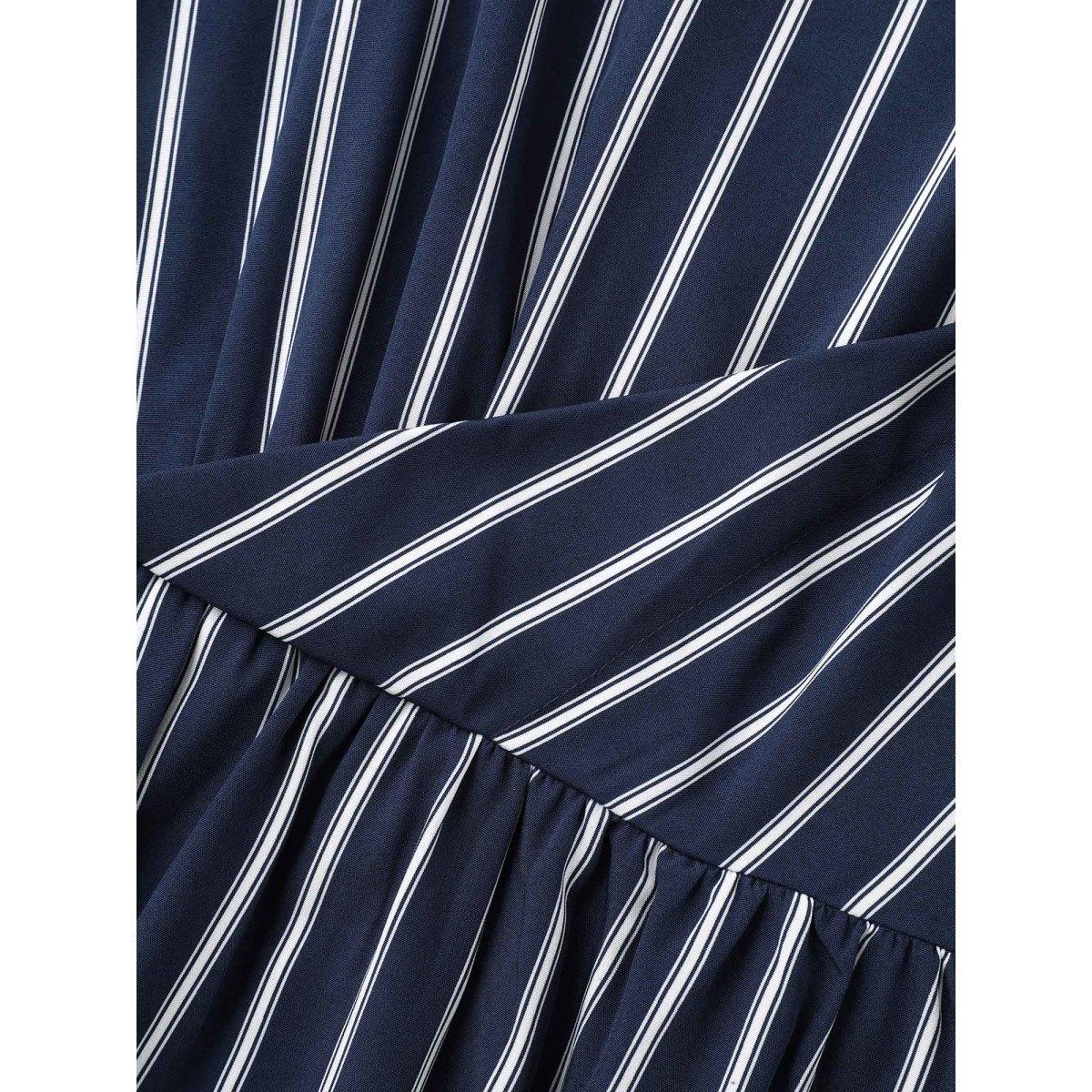 Plus Size Striped Stretchy Waist Defining Pockets Dress Indigo Women Office Pleated Round Neck Short sleeve Curvy BloomChic 18-20/2X Product Image