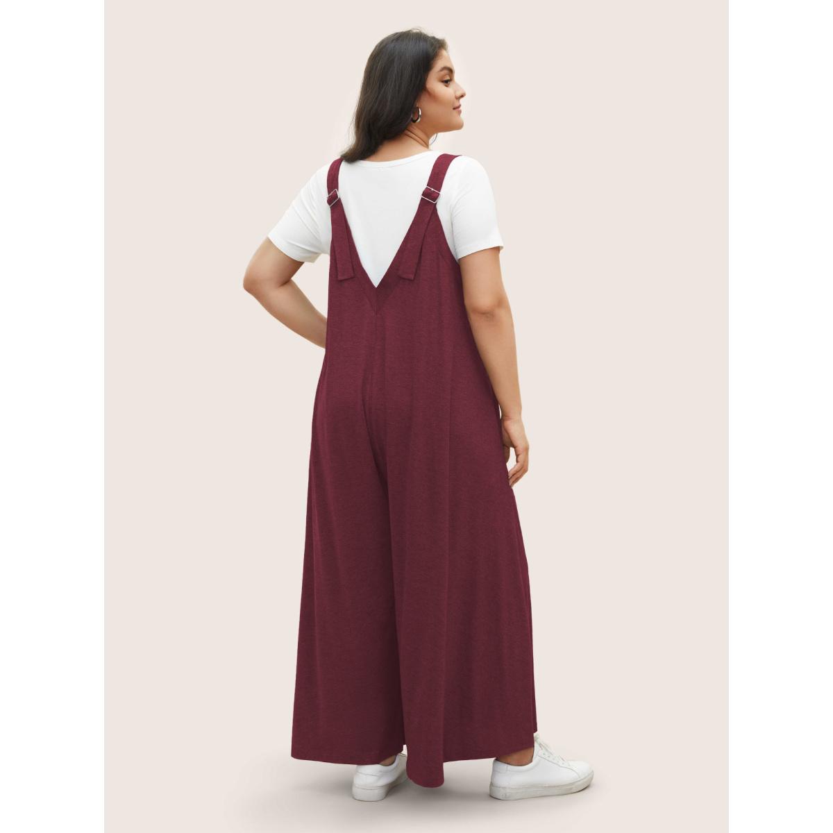 Plus Size Burgundy Supersoft Essentials Solid Pocket Adjustable Straps Jumpsuit Women Casual Sleeveless Non Everyday Loose Jumpsuits BloomChic 28/5X Product Image