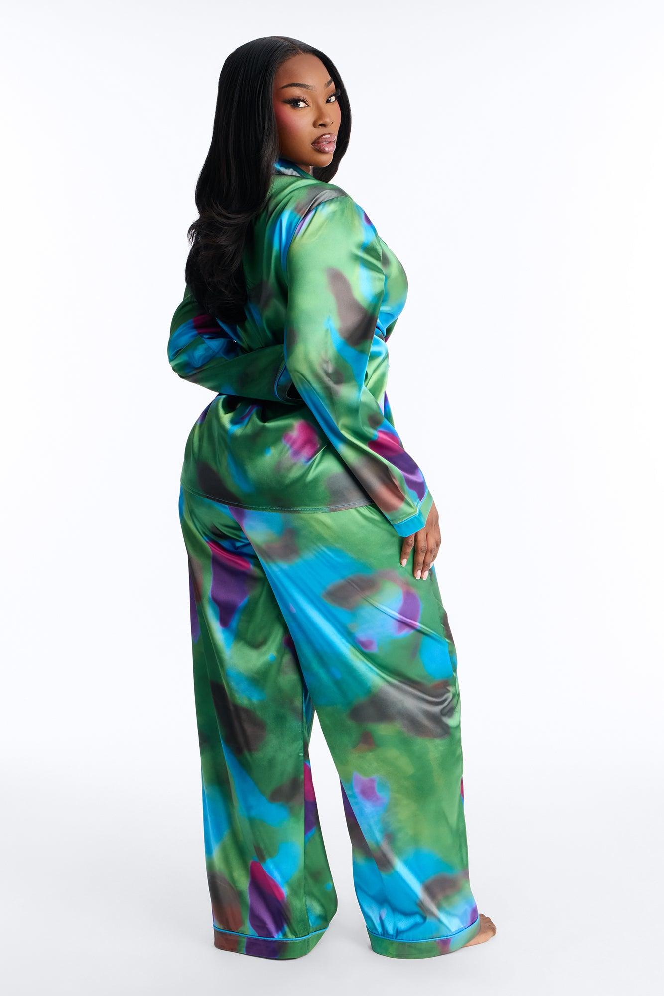 Bedtime Stretch Satin Long Sleeve PJ Pant Set - Blue/combo Female Product Image