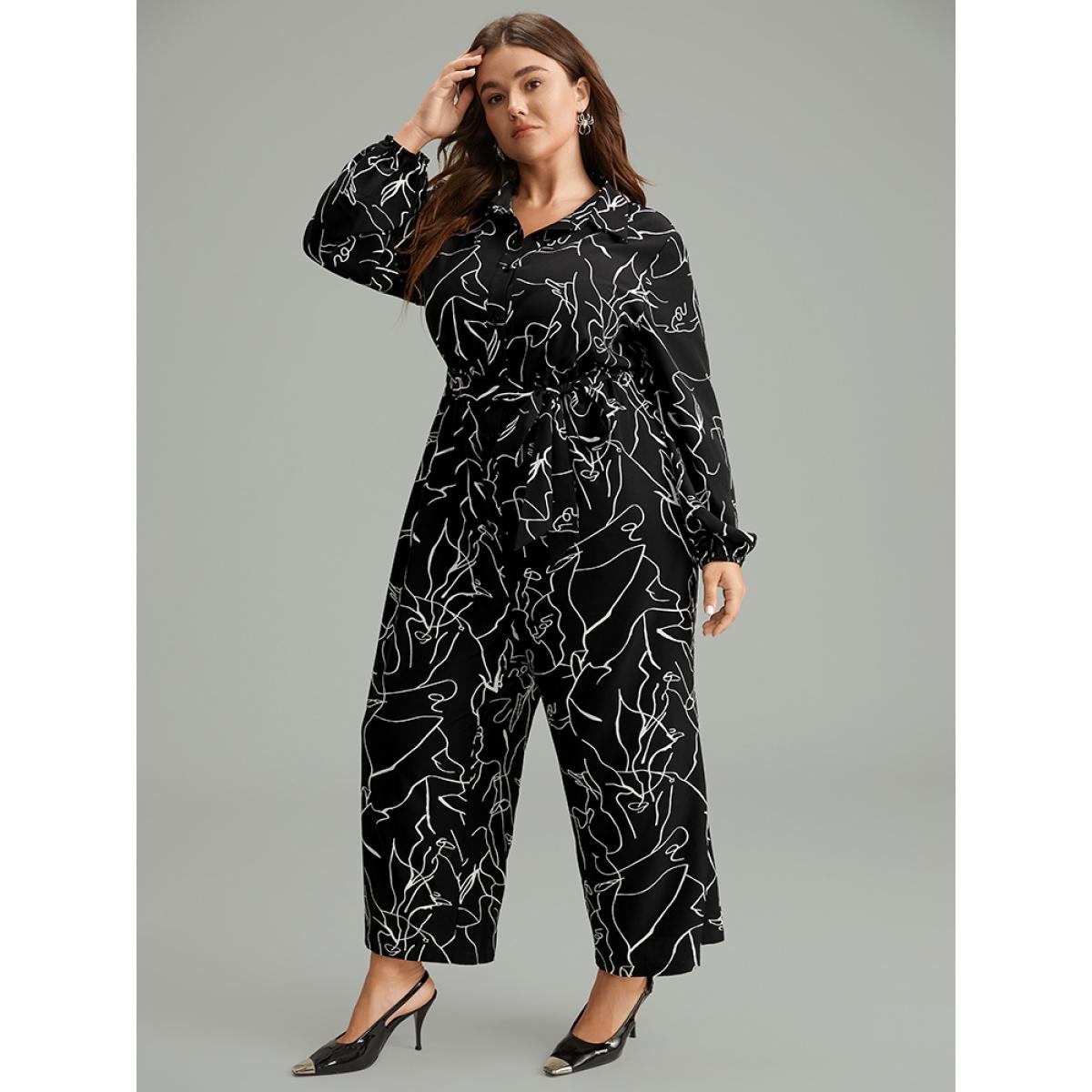 Plus Size BlackFlower Halloween Art & Design Belted Pocket Jumpsuit Women Office Long Sleeve Shirt collar Festival-Halloween Loose Jumpsuits BloomChic 18-20/2X Product Image