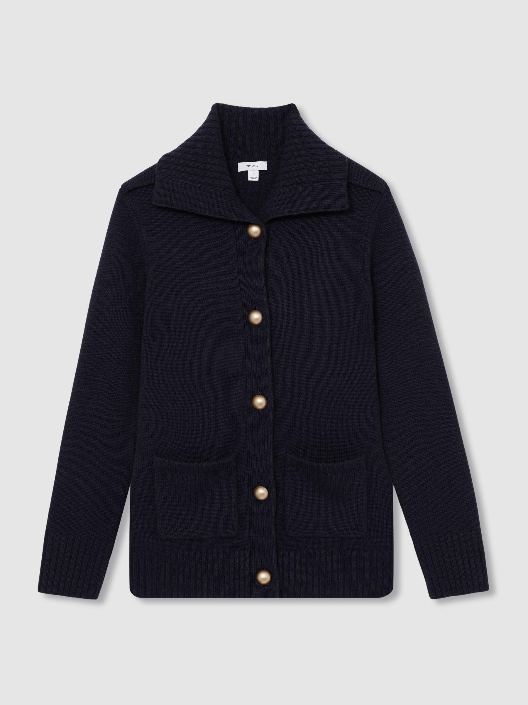 Wool-Cashmere Spread Collar Cardigan in Navy Product Image