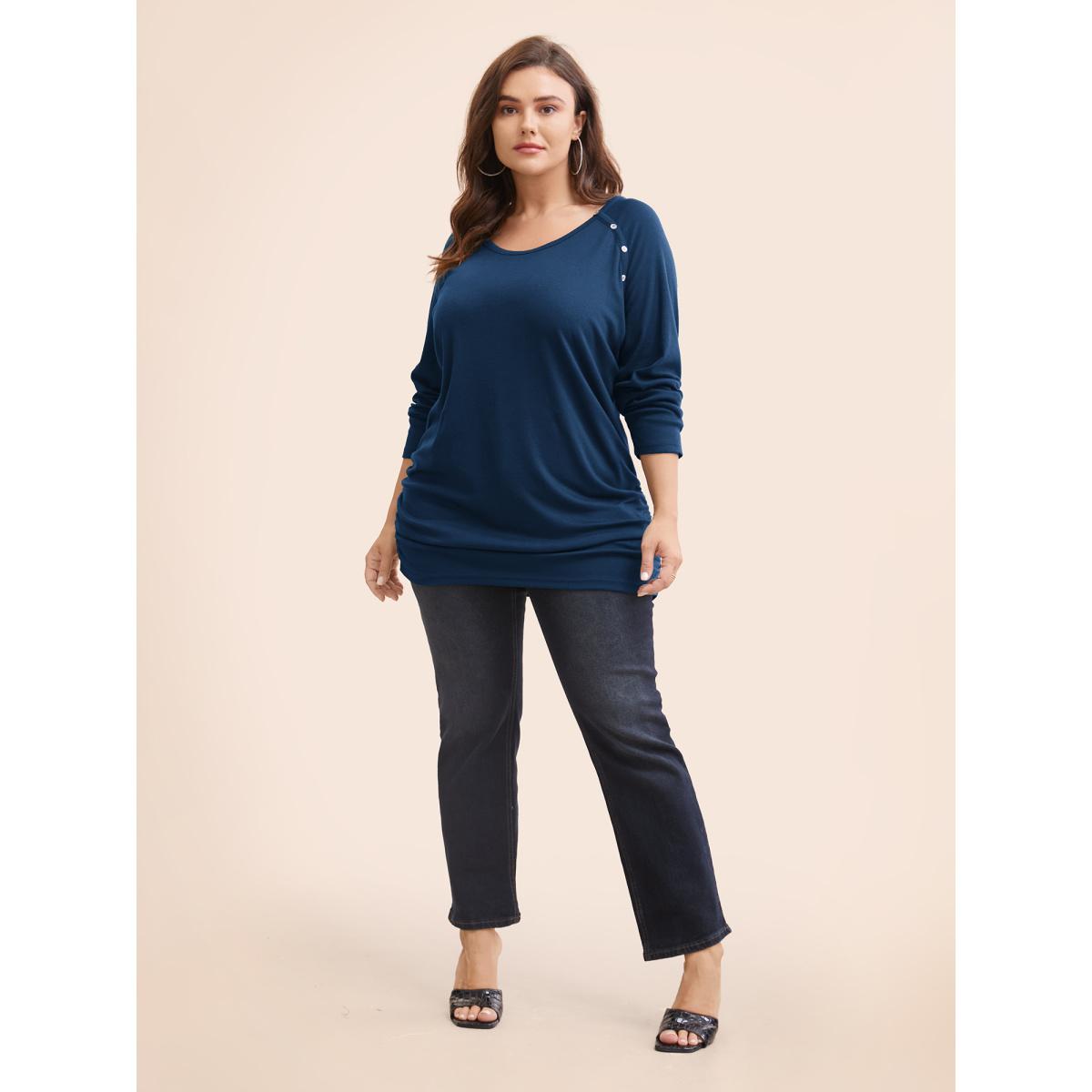 Plus Size Plain Gathered Button Detail T-shirt DarkGreen Women Casual Gathered Plain Round Neck Dailywear T-shirts BloomChic 14-16/1X Product Image