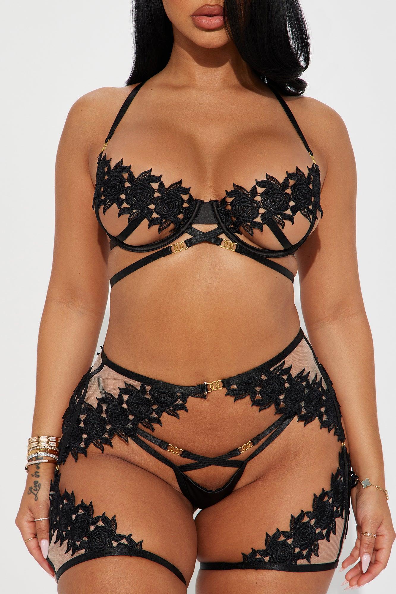 Watch Your Attitude Lace Garter 3 Piece Set - Black Product Image