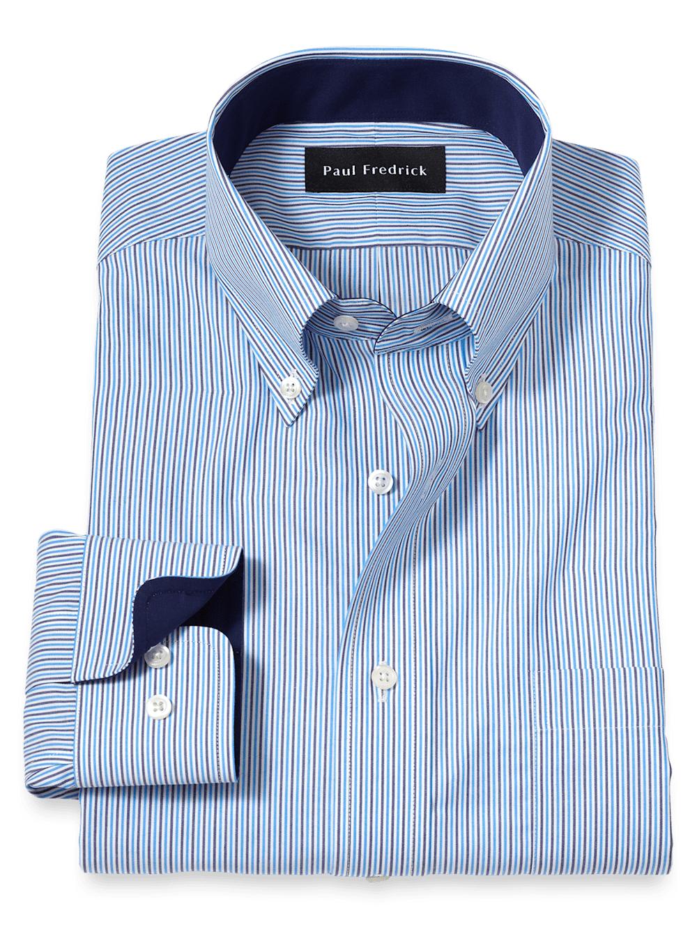 Non-Iron Cotton Stripe Dress Shirt With Contrast Trim - Blue Product Image