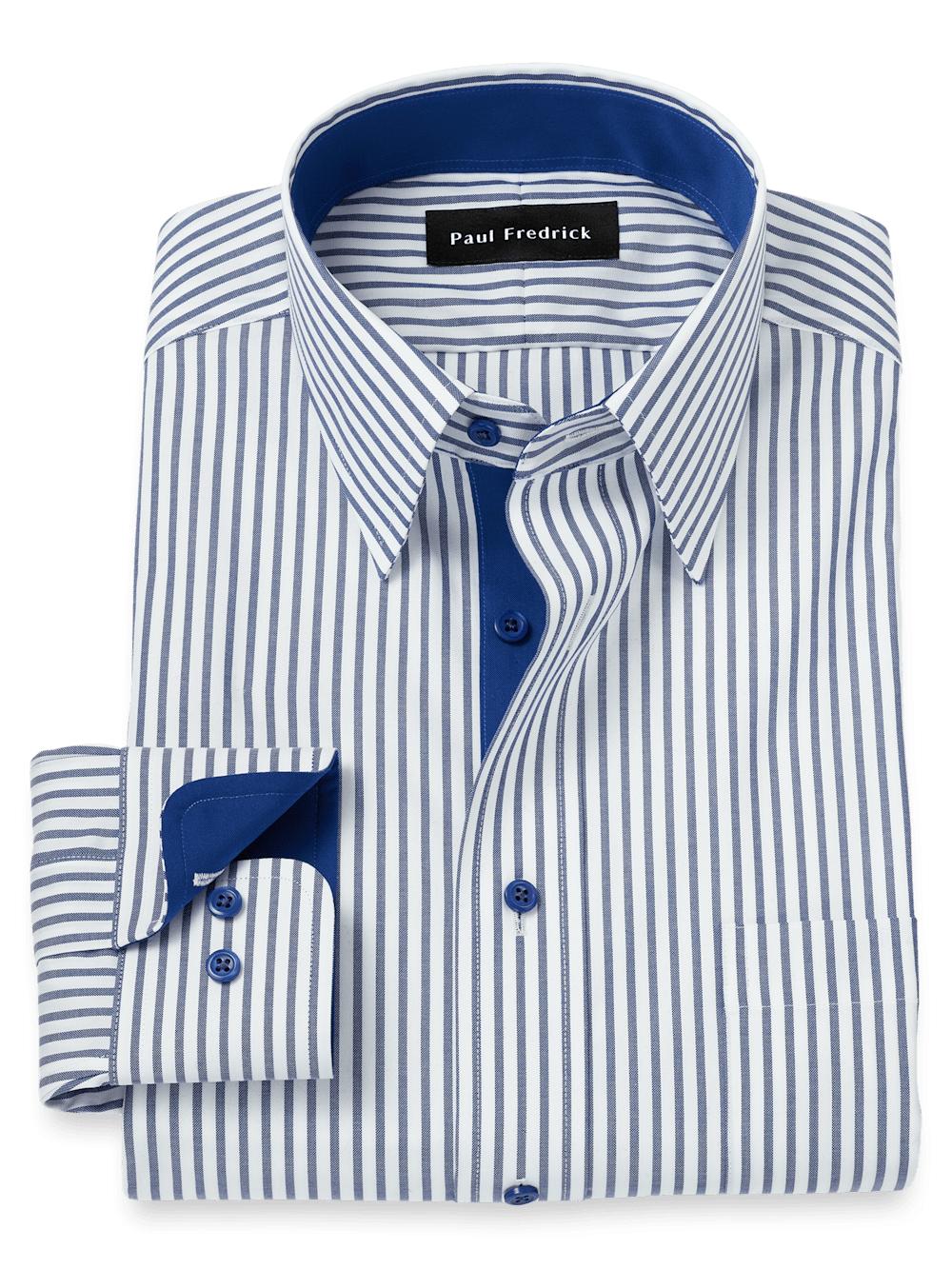 Comfort Stretch Non-Iron Stripe Dress Shirt With Contrast Trim - White/navy Product Image
