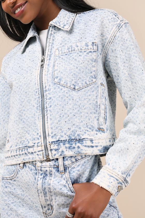 Glacia Light Wash Rhinestone Zip-Front Denim Jacket Product Image