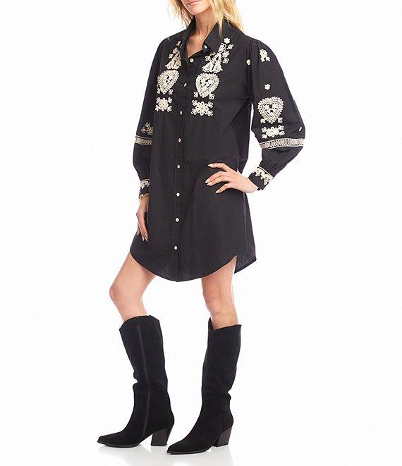 Karen Kane Blouson Long Sleeve Point Collar Rope Stitch Embroidery Shirtdress Product Image