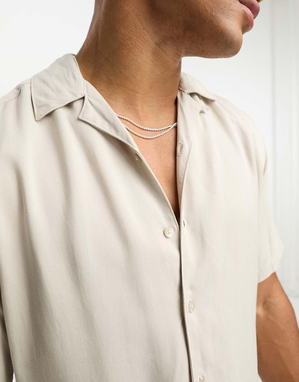 Only & Sons short sleeve viscose shirt with revere collar in beige Product Image