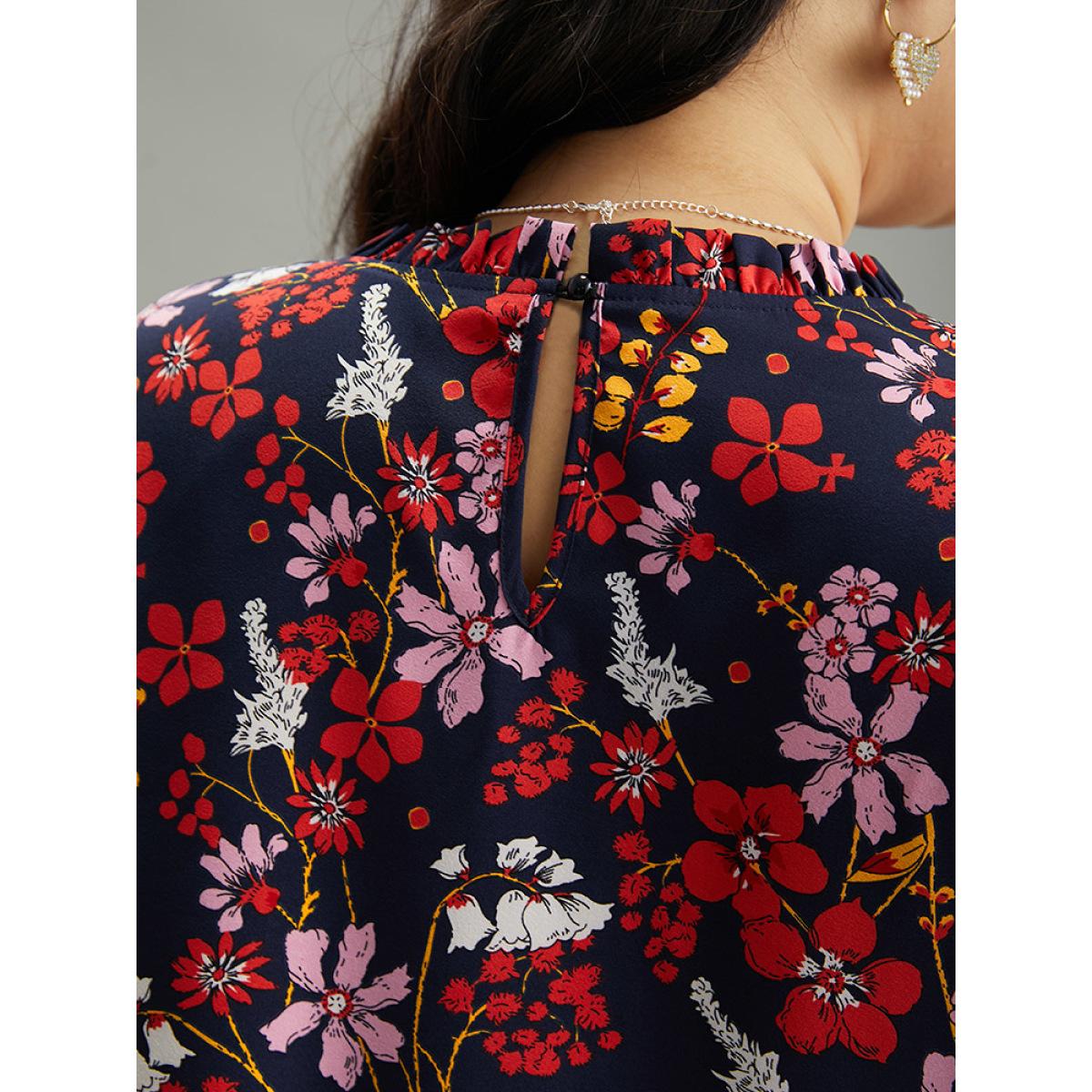 Plus Size Multicolor Floral Print Frill Trim Cut Out Blouse Women Elegant Elbow-length sleeve Round Neck Everyday Blouses BloomChic 14-16/1X Product Image