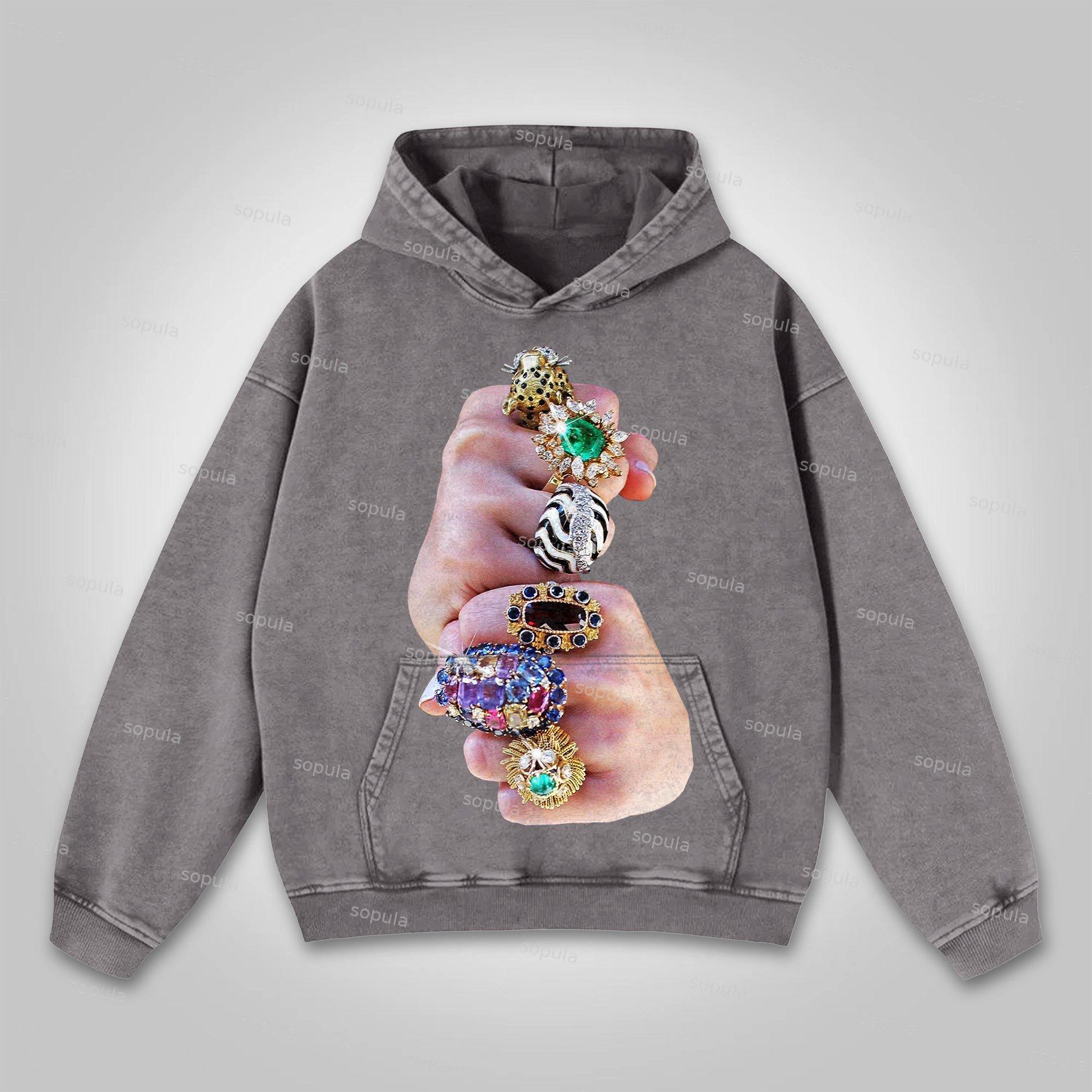 Sopula Finger Graffiti Diamond Ring Print Pocket Washed Hoodie Product Image
