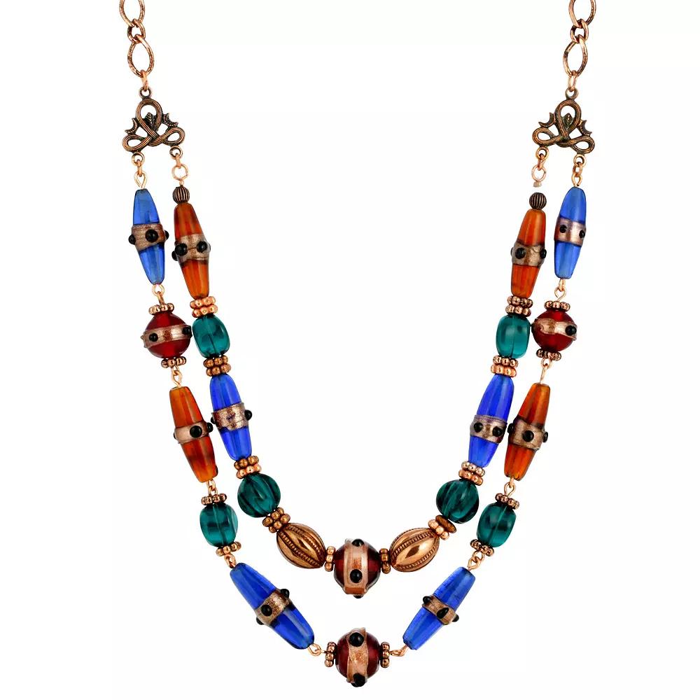 1928 Copper Tone Red & Blue Double Strand Beaded Necklace, Women's, Multi Product Image