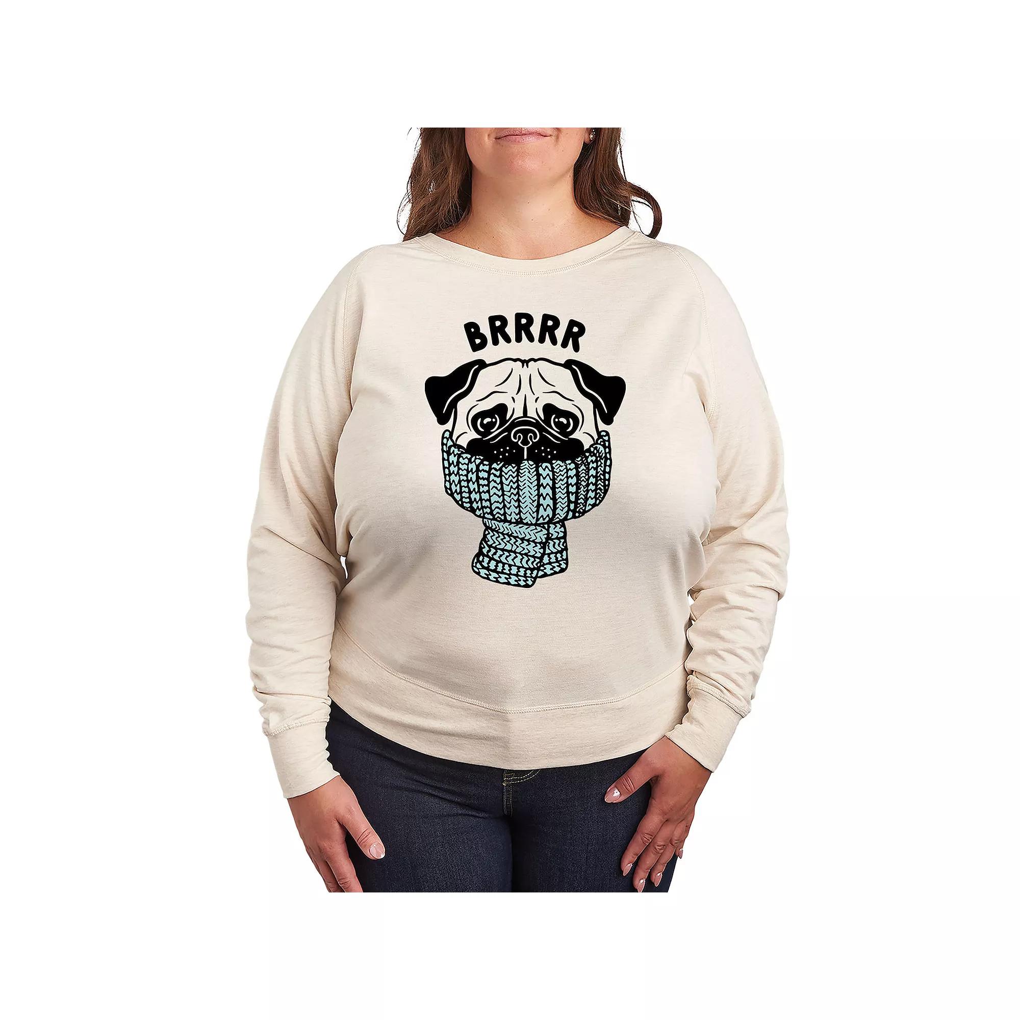 Plus Size Brrrr Pug Scarf French Terry Long Sleeve Tee, Women's, Size: 2XL, Brown Product Image