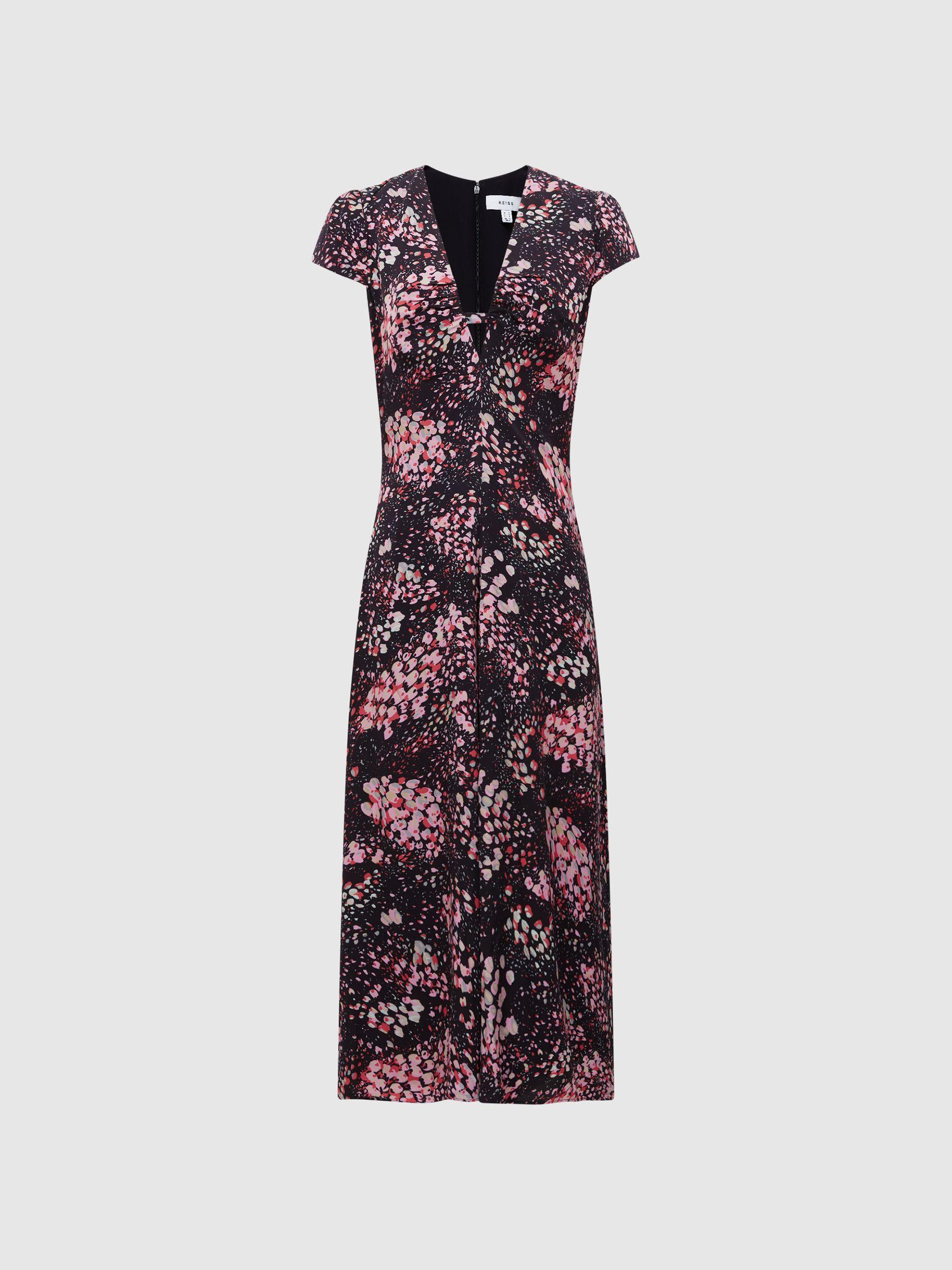 Animal Print Fitted Midi Dress in Black/Pink Product Image