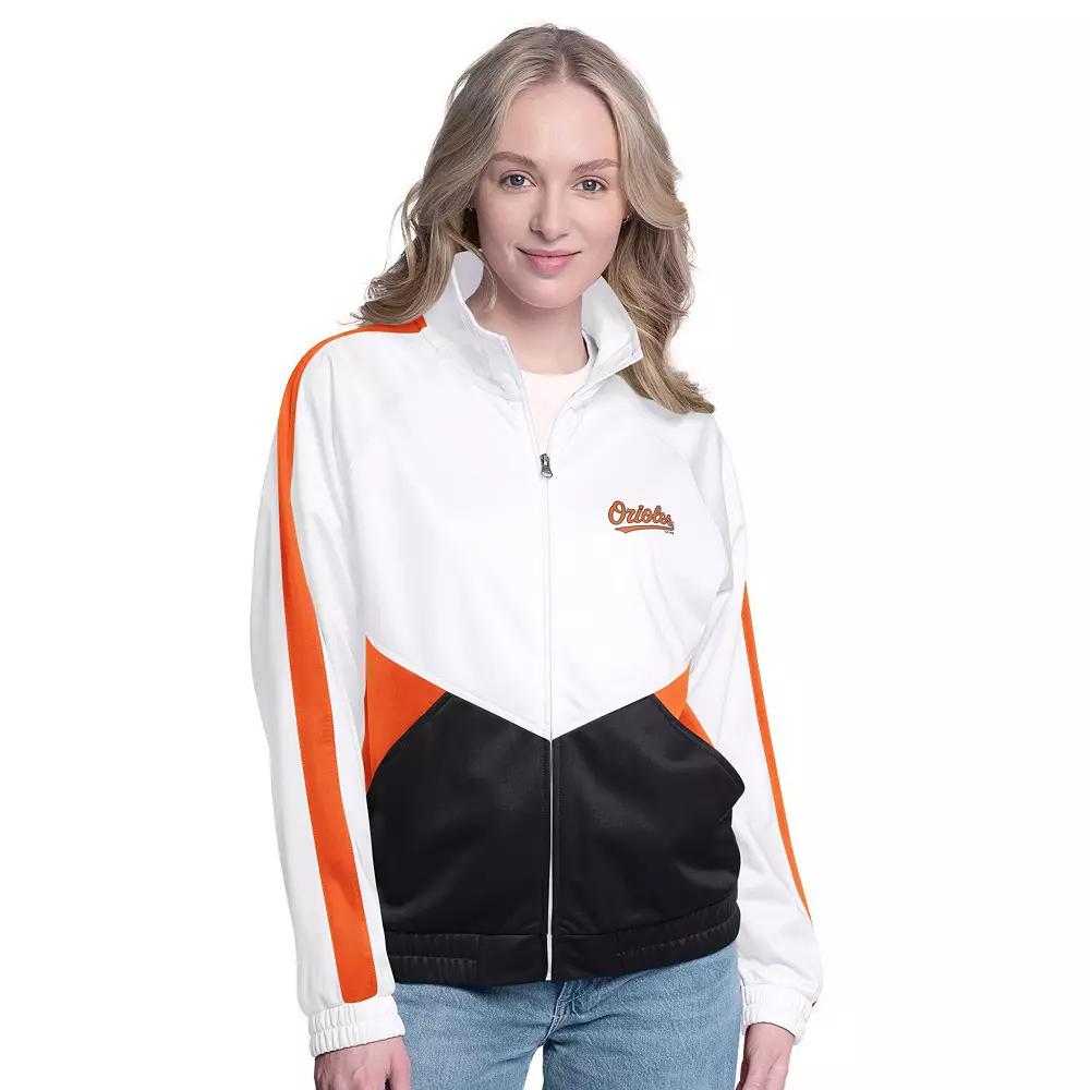 Women's G-III Sports by Carl Banks  White/Orange Baltimore Orioles Rally Rhinestone Raglan Full-Zip Track Jacket, Size: XXL Product Image