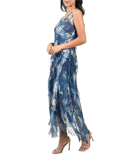 Komarov Sleeveless Ruffled V-Neck Chiffon Maxi Dress Product Image