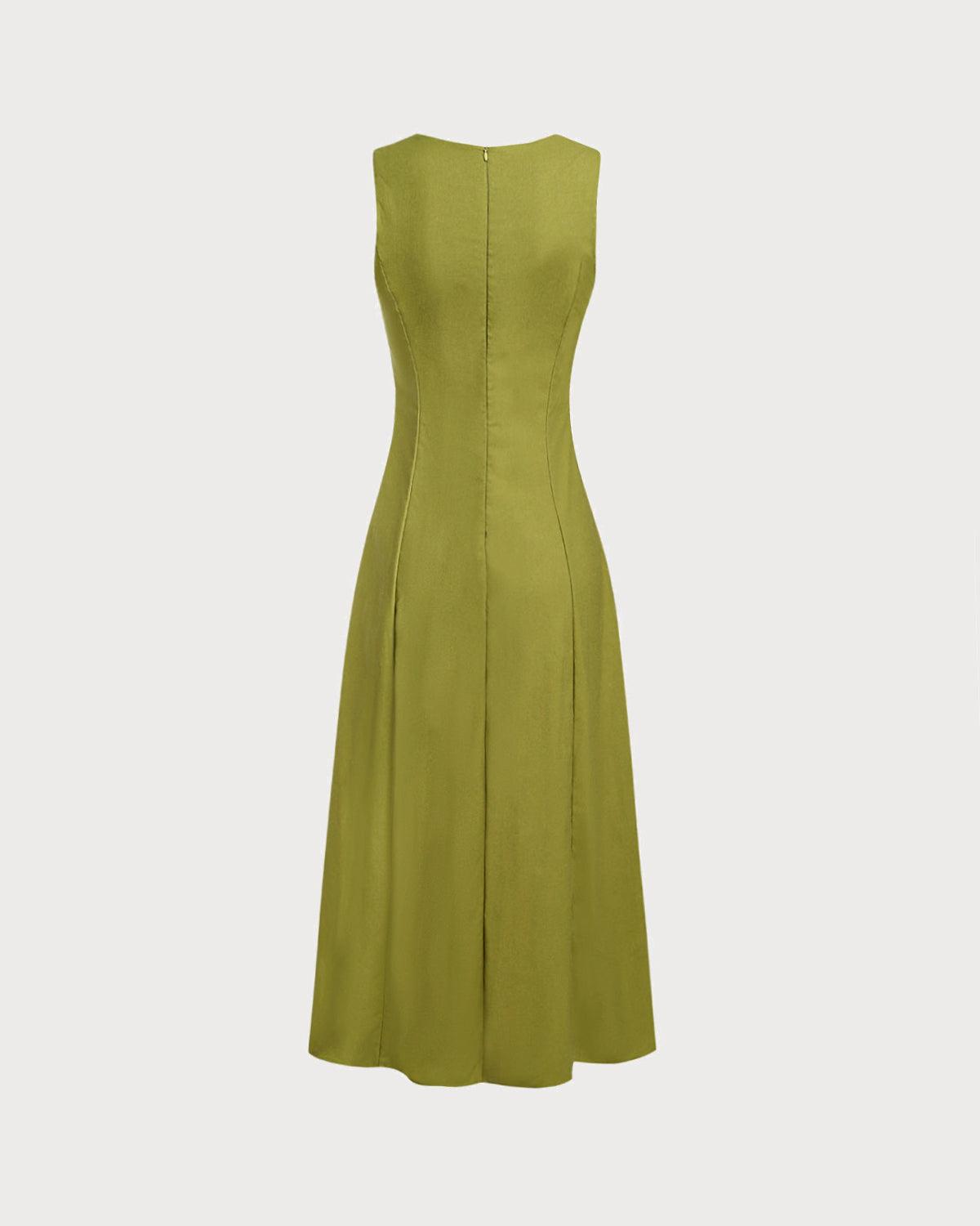 Green Square Neck Button Sleeveless Midi Dress Product Image
