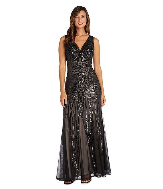 R & M Richards Sleeveless V-Neck Godet Skirt Embellished Long Sequin Dress Product Image