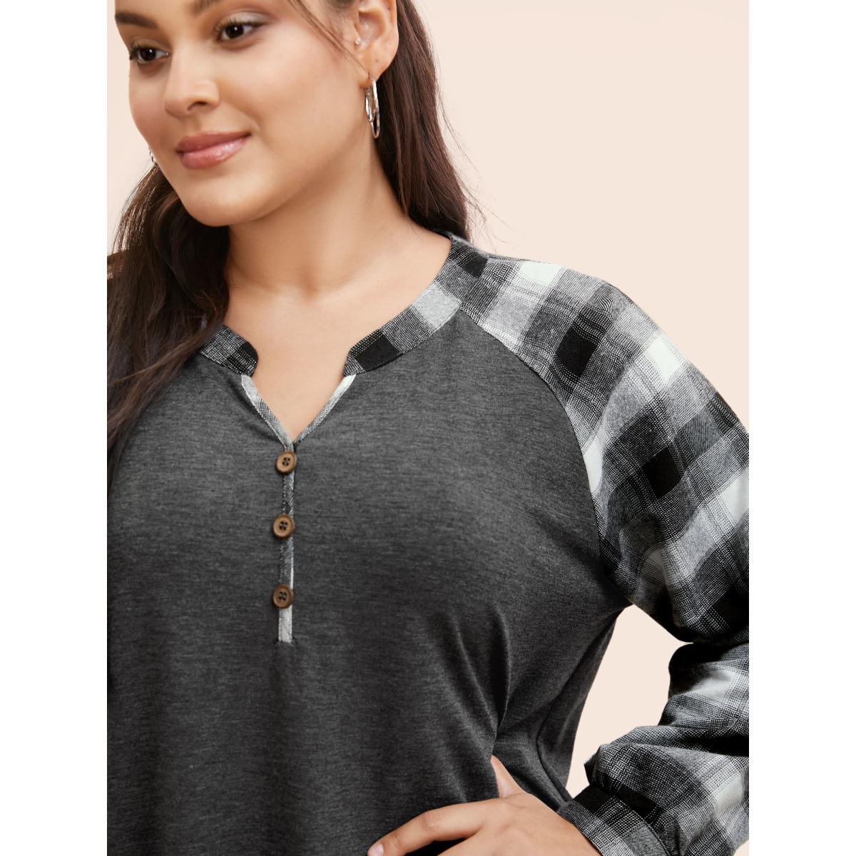 Plus Size Plaid Patchwork Notched Button Detail Sweatshirt Women DimGray Casual Patchwork Notched collar Everyday Sweatshirts BloomChic 28/5X Product Image