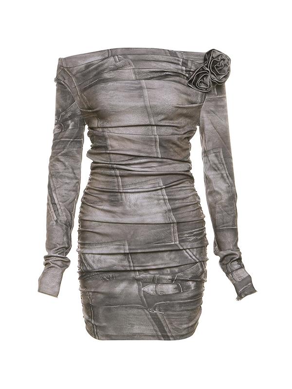 All Over Print Off Shoulder Flower Decor Ruched Mini Dress Product Image