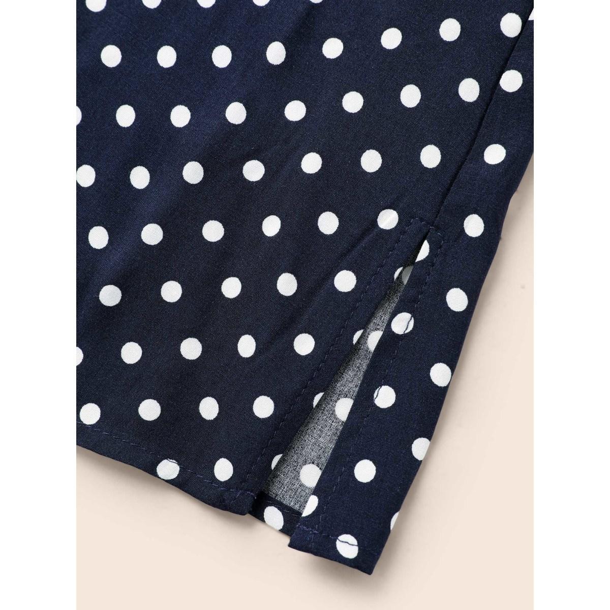 Plus Size Indigo Polka Dot Split Hem Pleated Blouse Women Elegant Cap Sleeve Round Neck Everyday Blouses BloomChic 12/L Product Image