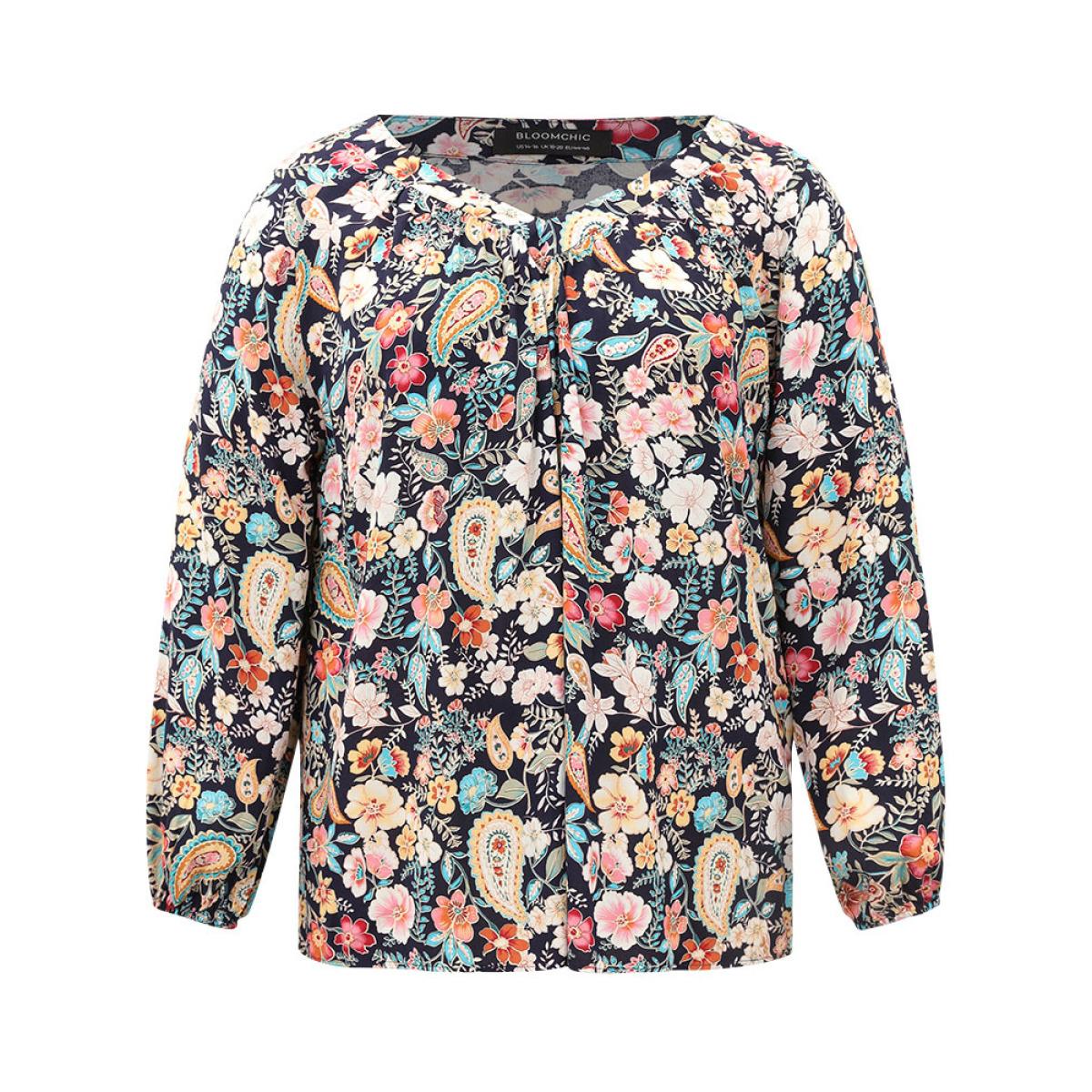 Plus Size Indigo Paisley Lantern Sleeve Gathered Blouse Women Elegant Long Sleeve V-neck Dailywear Blouses BloomChic 28/5X Product Image