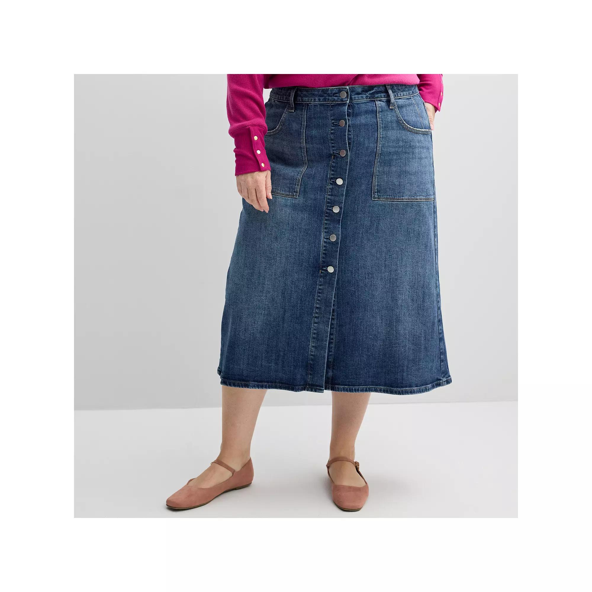 Plus Size Sonoma Goods For Life® Button-Front Denim A-Line Midi Skirt, Women's, Size: 20 W, Medium Tint Product Image