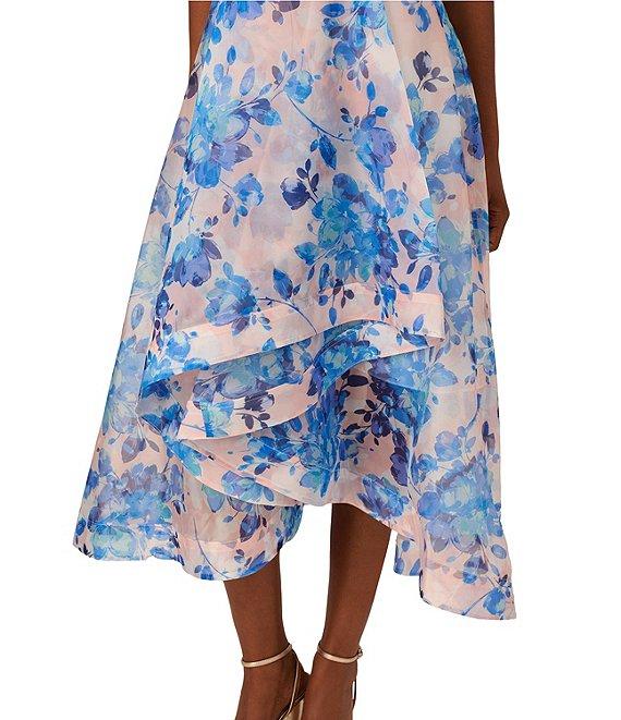 Adrianna Papell Halter Neckline Sleeveless Floral Organza Ruffle Hi Lo Midi Dress Product Image