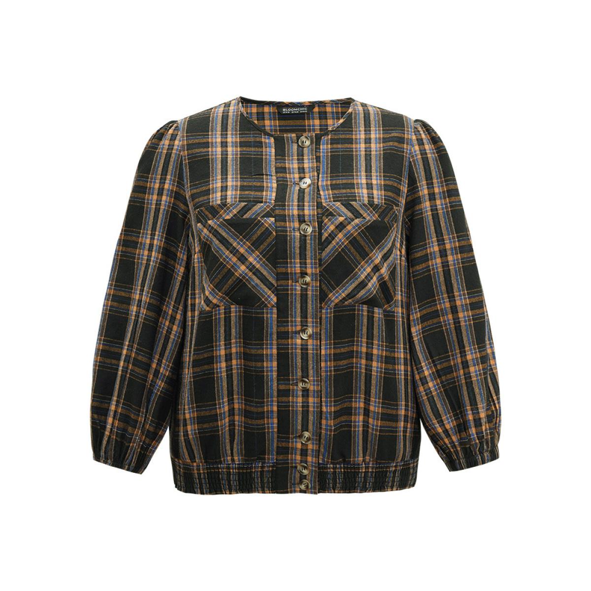 Plus Size Plaid Button Through Elastic Hem Shacket Women Black Elastic cuffs Pocket Dailywear Jackets BloomChic 28/5X Product Image