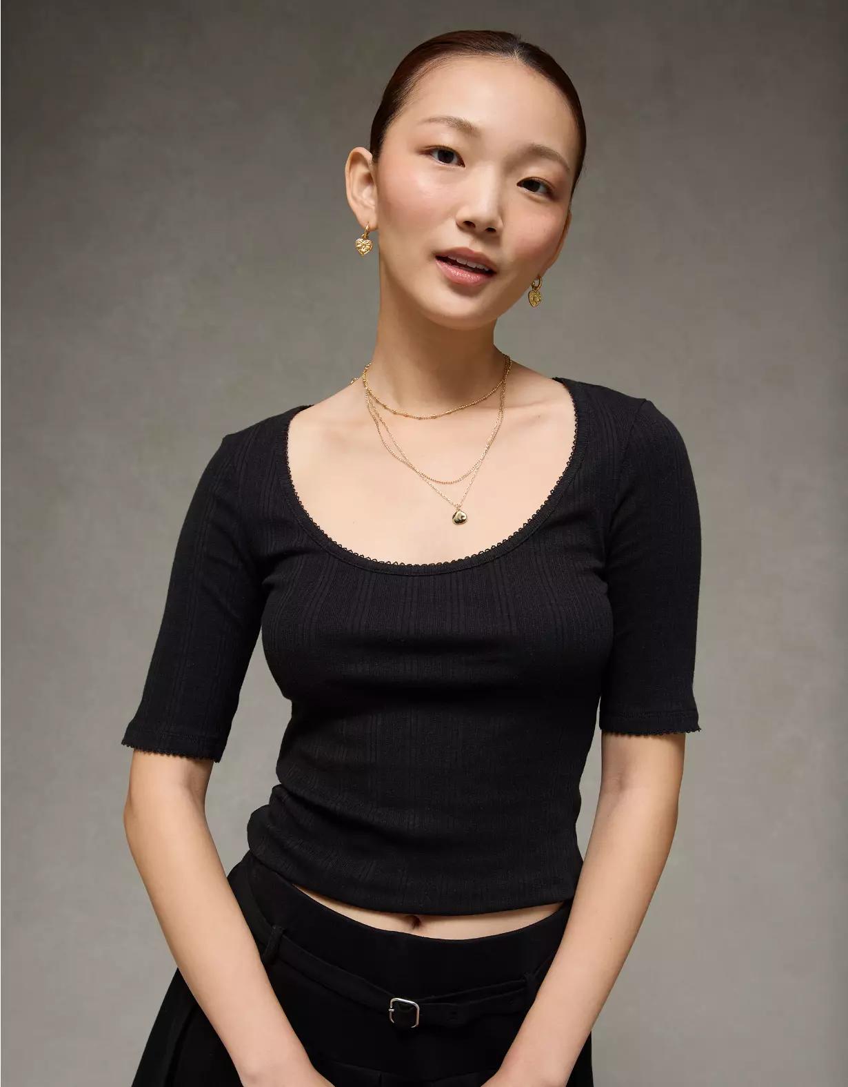 AE Half-Sleeve Scoop Neck Pointelle T-Shirt Product Image