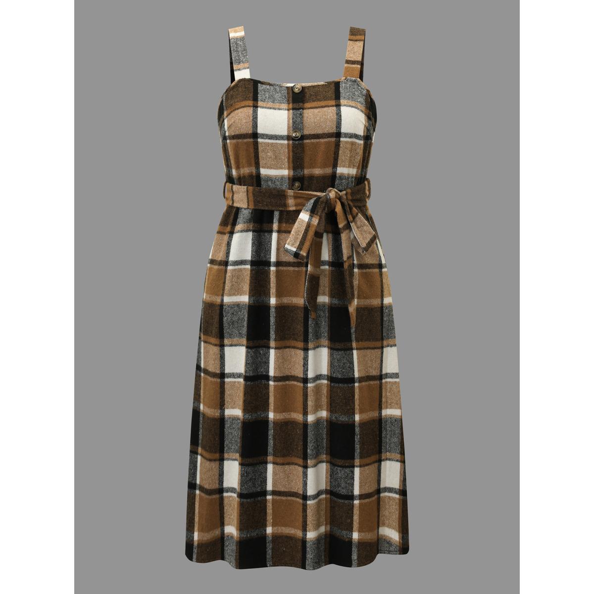 Plus Size Square Neck Plaid Button Detail Belted Dress Wheat Women Casual Belted Square Neck Sleeveless Curvy BloomChic 18-20/2X Product Image