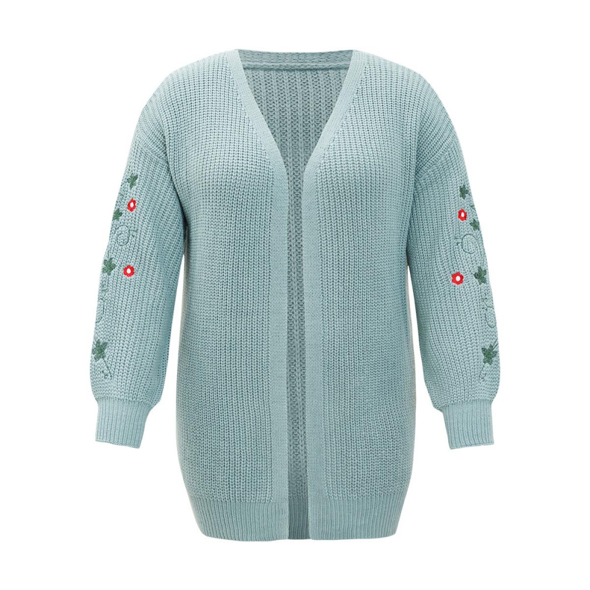 Plus Size Floral Embroidered Lantern Sleeve Drop Shoulder Cardigan Stone Women Casual Loose Long Sleeve Everyday Cardigans BloomChic 28/5X Product Image
