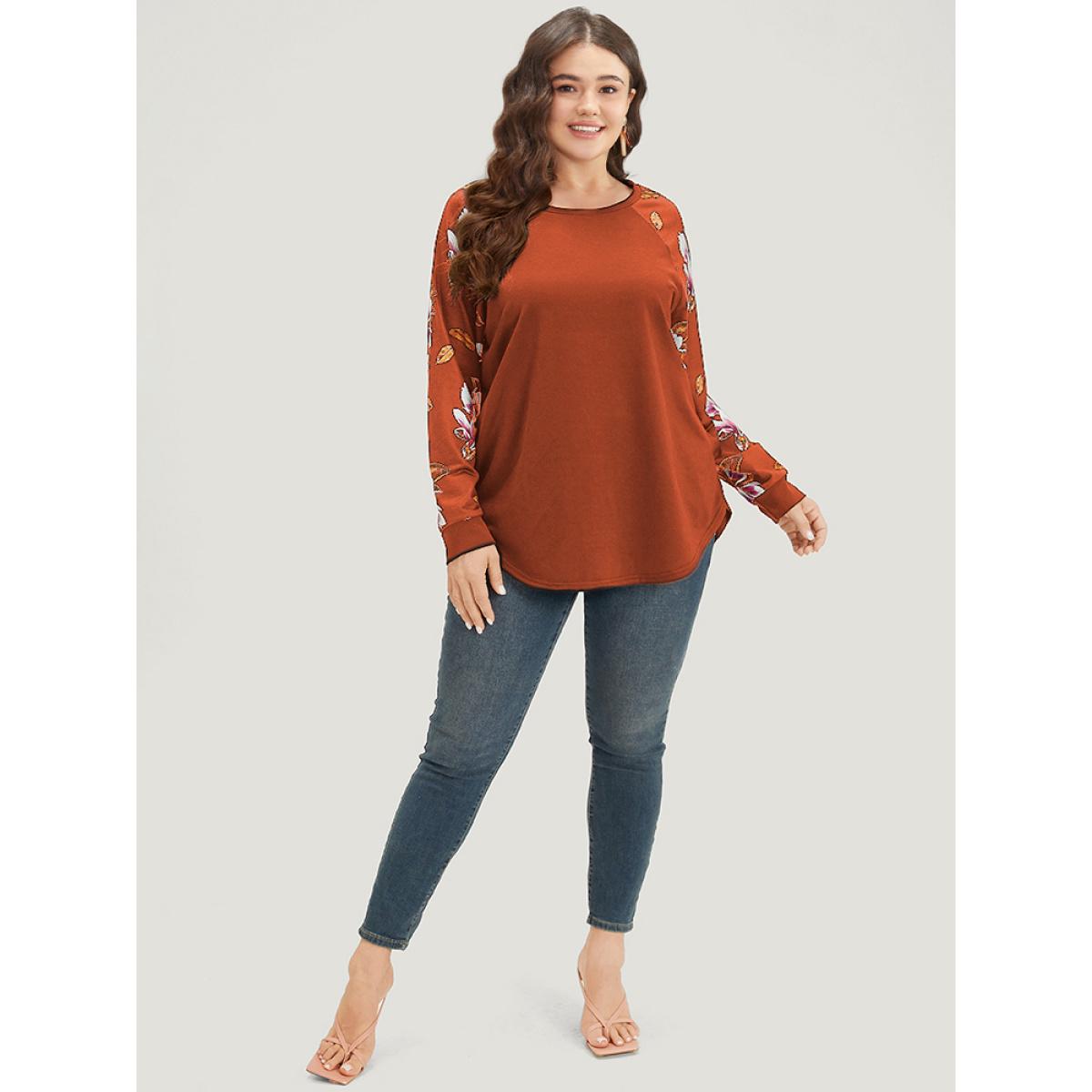 Plus Size Floral Patchwork Crew Neck Raglan Sleeve Sweatshirt Women Chocolate Elegant Elastic cuffs Round Neck Dailywear Sweatshirts BloomChic 28/5X Product Image